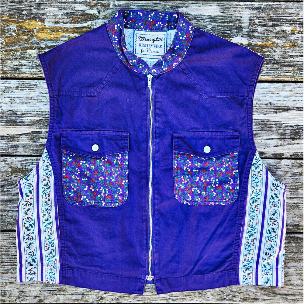 VTG 80s 90s Women Wrangler Western Floral Patchwork Canvas Zip Up Cropped Vest
